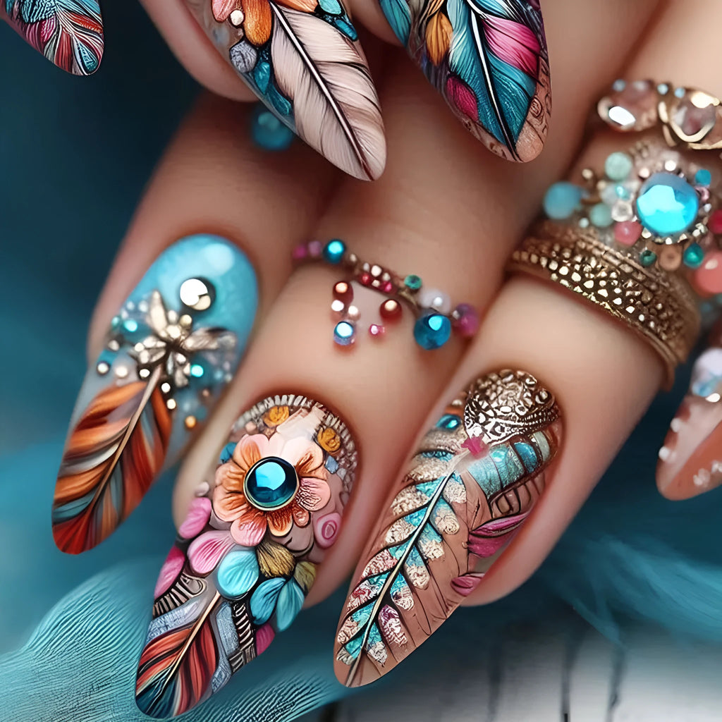 Retro style nail art kit showing colourful feather armour, cartoon, flower, love, and butterfly patterns on a jelly glue burnishing stick.