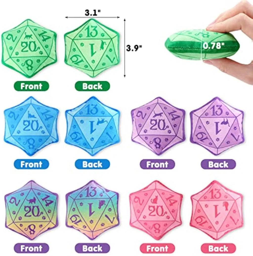 DND-inspired dice-shaped catnip toy in soft plush fabric, available in blue, purple, green and pink colours