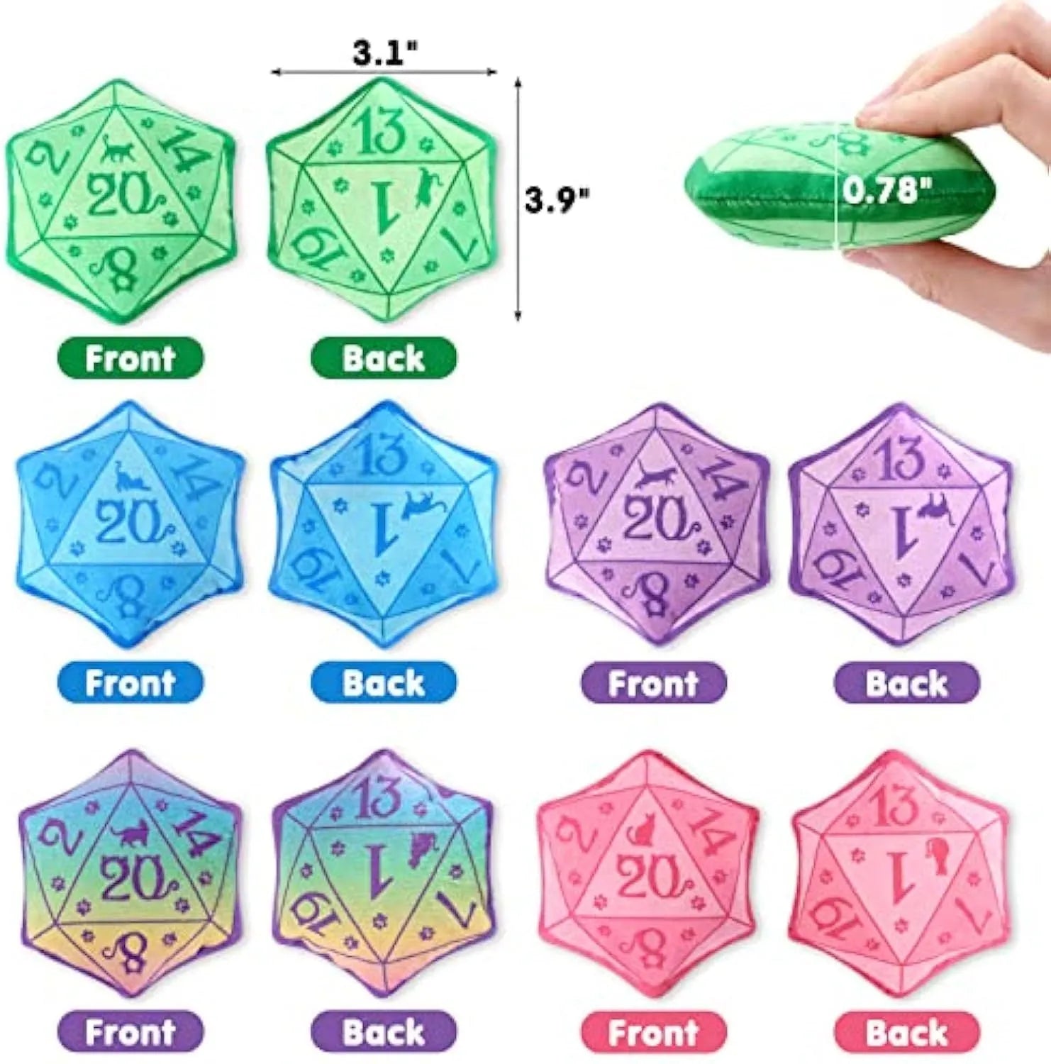 DND-inspired dice-shaped catnip toy in soft plush fabric, available in blue, purple, green and pink colours