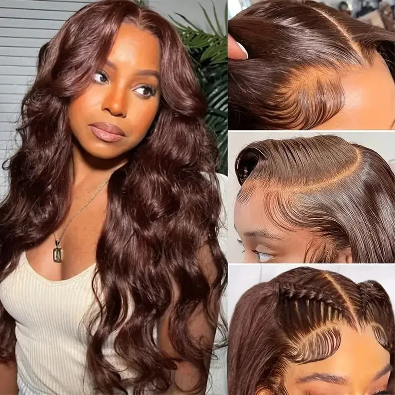 Dark brown long curly front lace synthetic wig with side bangs on a mannequin head.