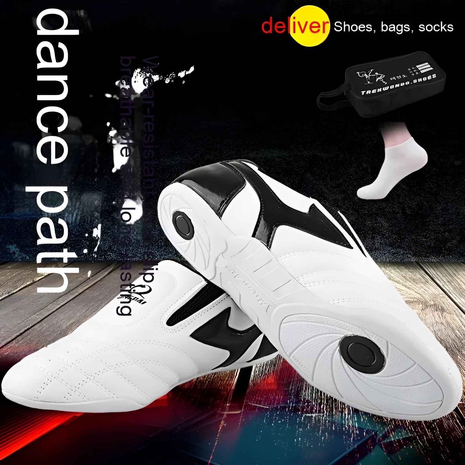 Black and white children's martial arts training shoes with soft bottom construction and widened design