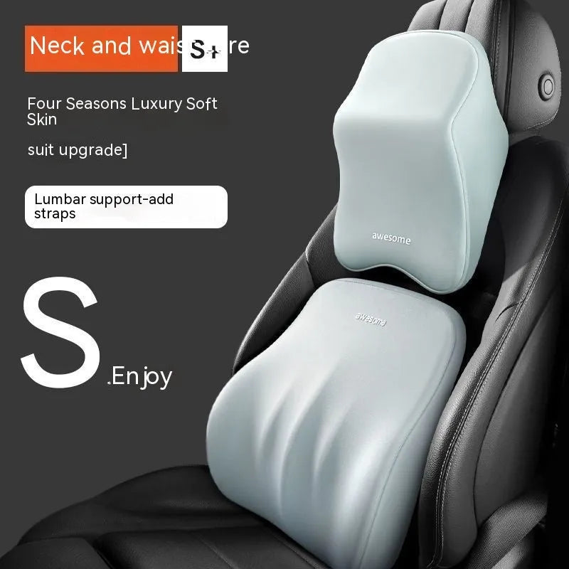 Memory foam car headrest pillow and lumbar support cushion set in black, grey, blue, and pink colour options.