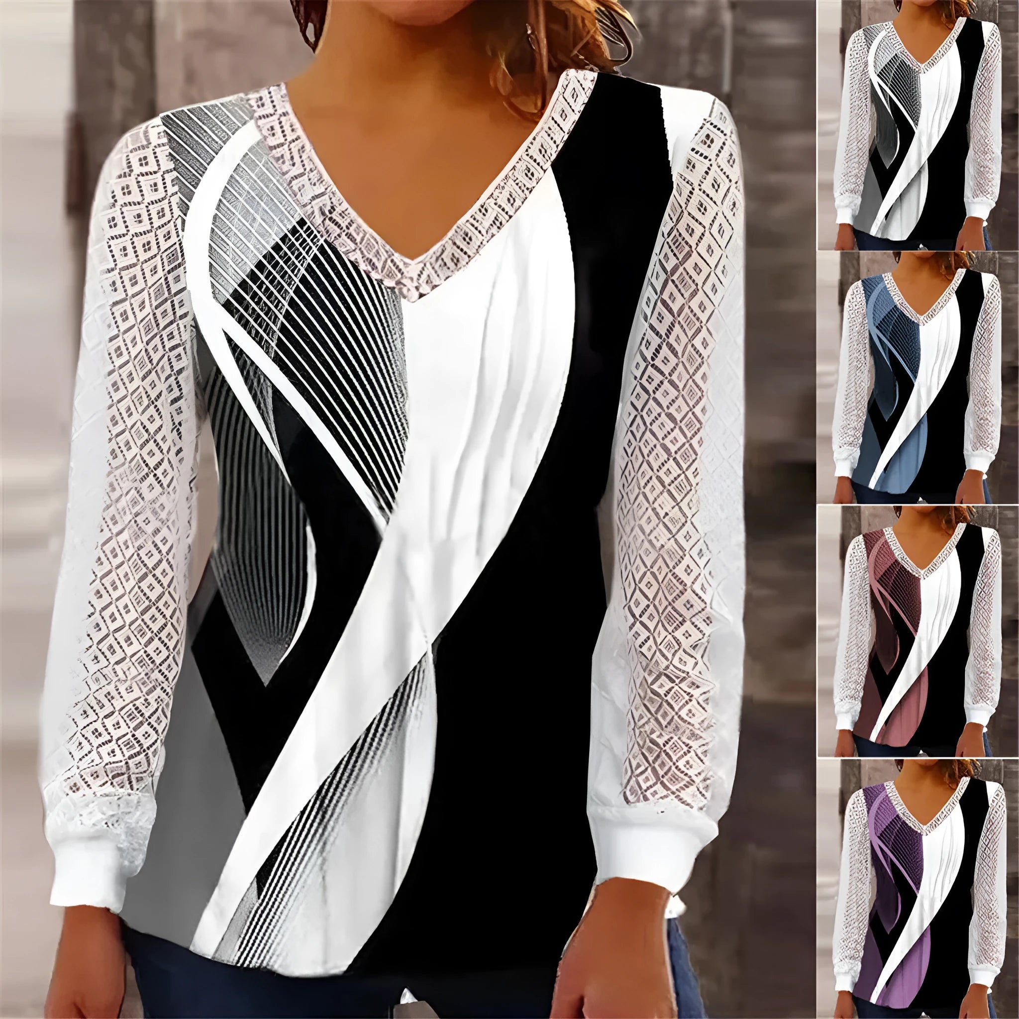 Loose fit V-neck lace top with hollow-out details in polyester fabric