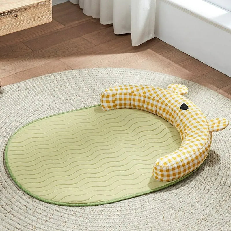 Green and yellow four-season dog cooling mat and pet bed in four sizes for small to extra-large dogs and cats.