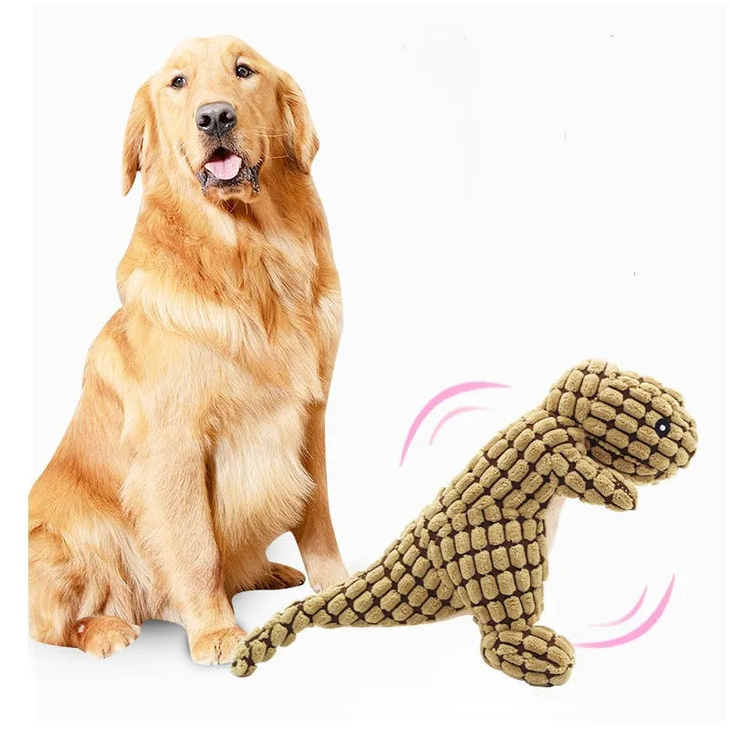 Four grey, green, and orange bite-resistant dog toys with sound features on a white background.