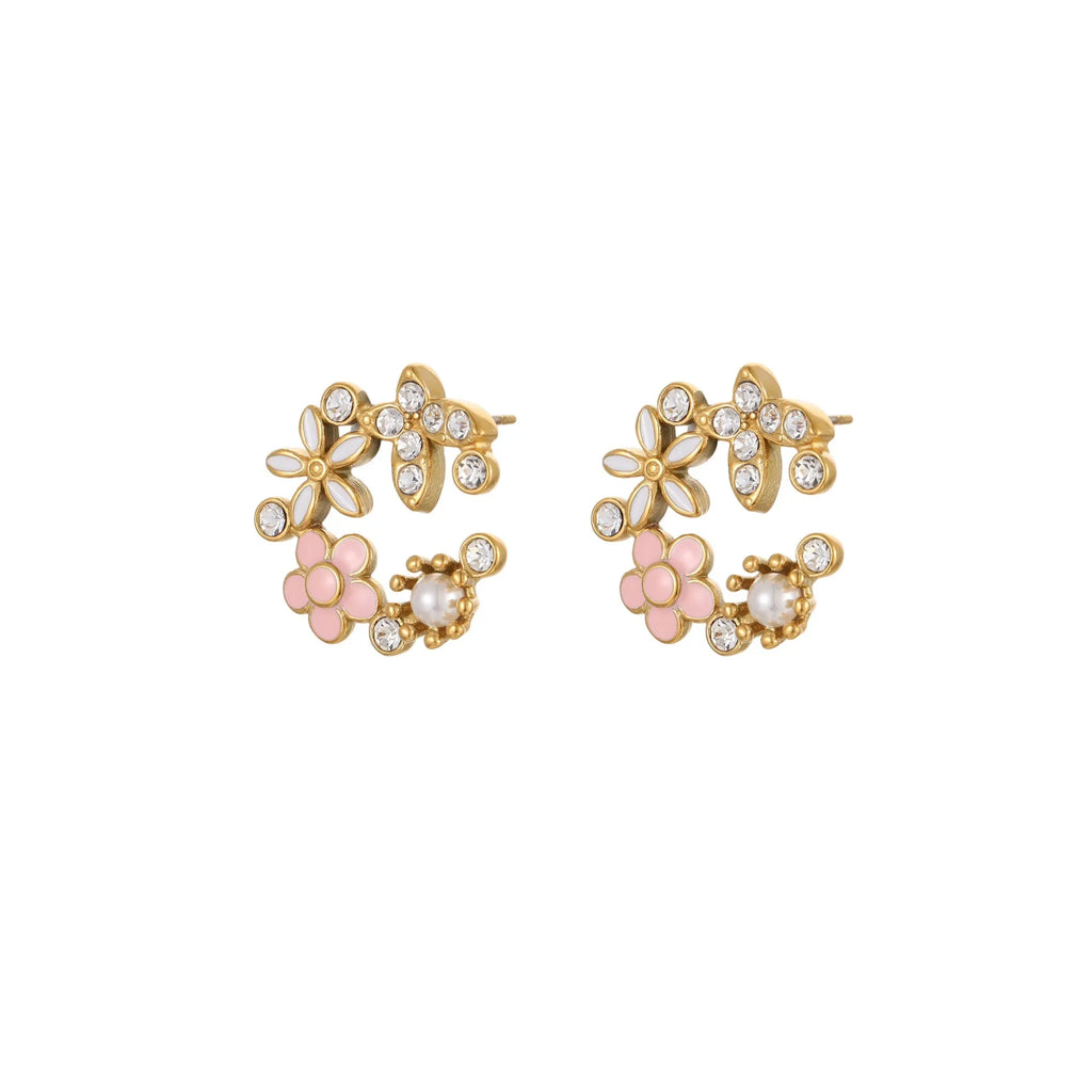 Colourful flower stud earrings with petal design in 18K stainless steel