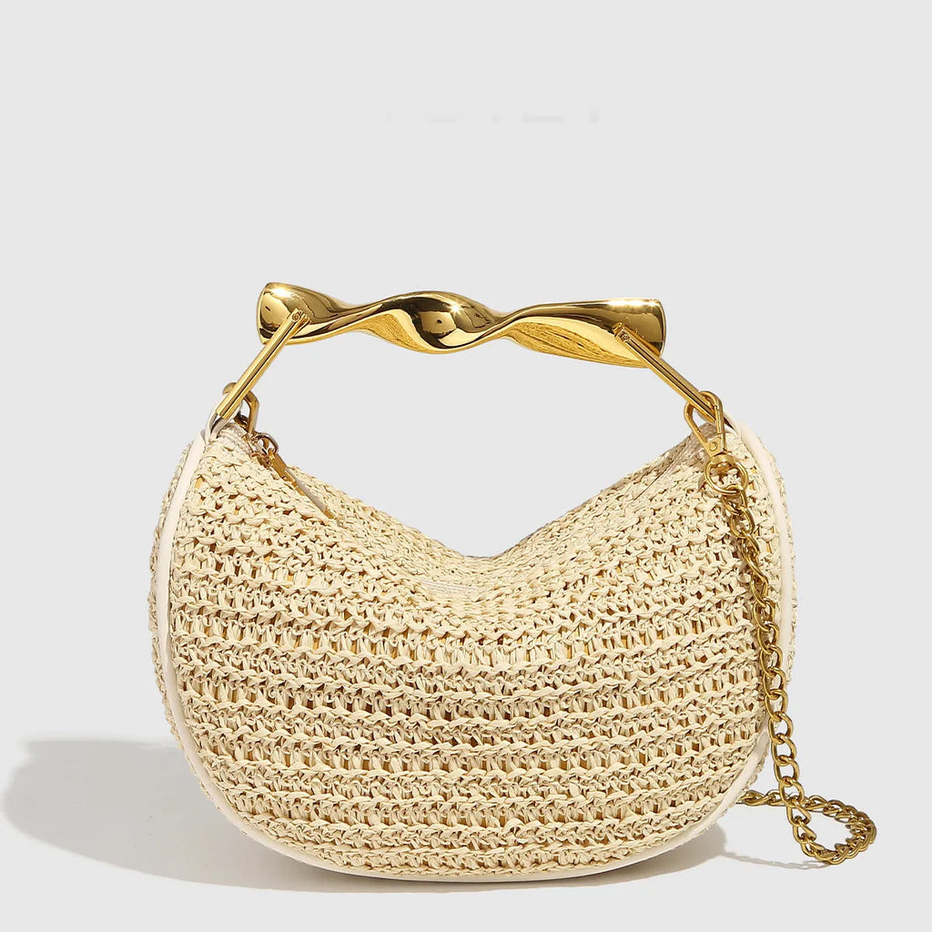 Straw woven dumpling chain shoulder crossbody bag in grass apricot colour with chain strap