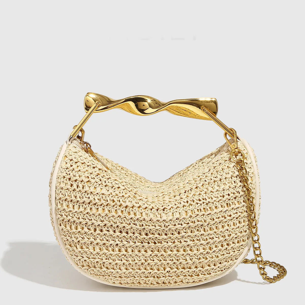 Straw woven dumpling chain shoulder crossbody bag in grass apricot colour with chain strap
