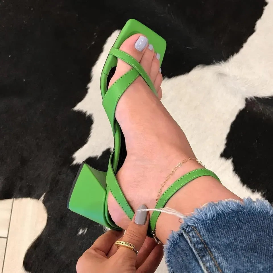 Thick heel women's buckle sandals in white, square toe, PU upper, rubber sole