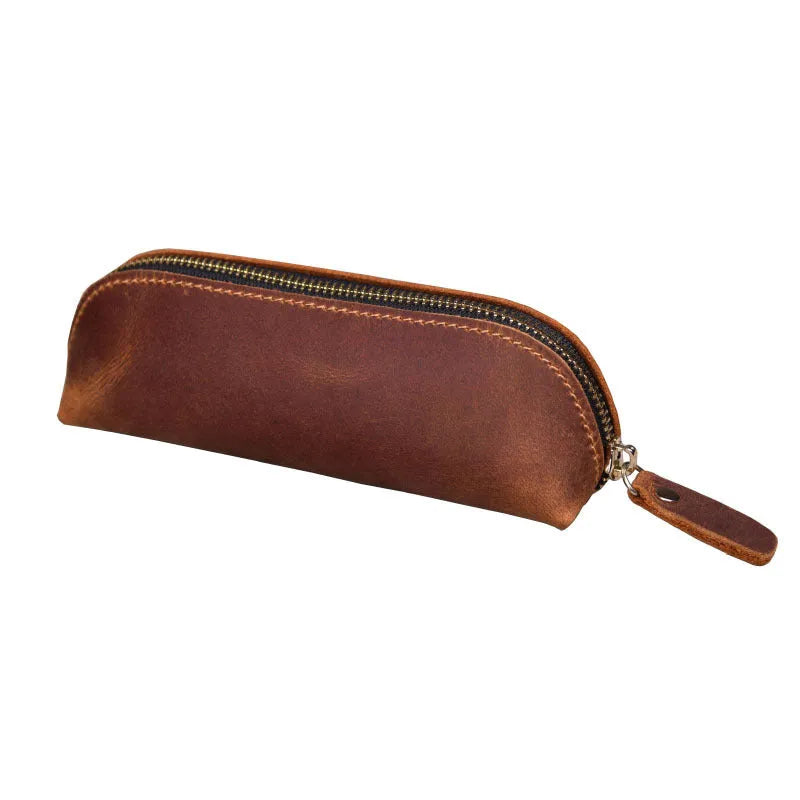 Genuine cowhide leather handmade pencil case with zip closure in black colour