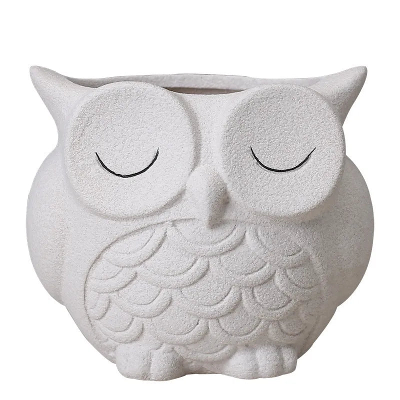 Handmade frosted ceramic owl design flower pot for small succulents in light pink colour