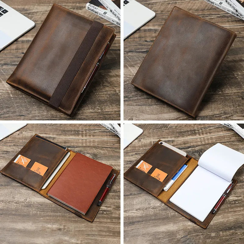 Brown Crazy Horse leather A5 notebook protective sleeve, square socket-type design