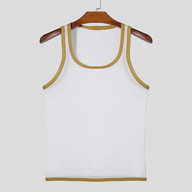 Men's tight white mesh sports vest with straight hem on a manikin