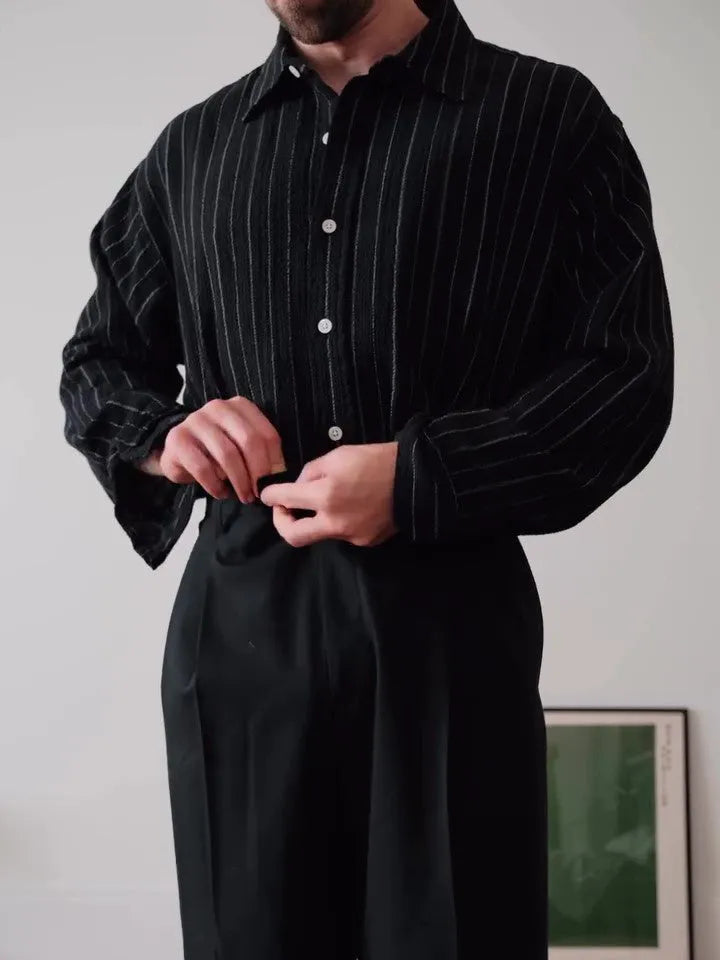 Black pinstripe button-down men's shirt with regular fit and polyester fabric