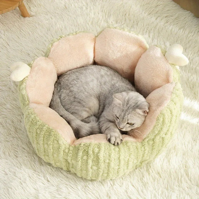 Soft cat litter kennel with removable cushion in green colour showing enclosed pet bed design