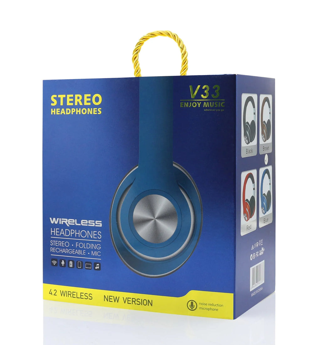 Folding wireless stereo headphones in black with head-mounted design and USB cable