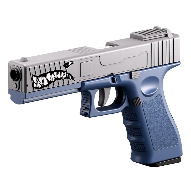 Children's plastic automatic throwing shell toy gun with linkage reinstallation, available in multiple colours.