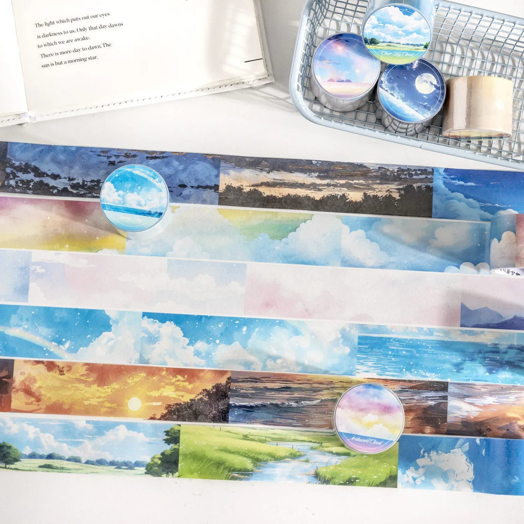 Roll of Japanese paper decorative tape with sky theme colours measuring 30mm wide