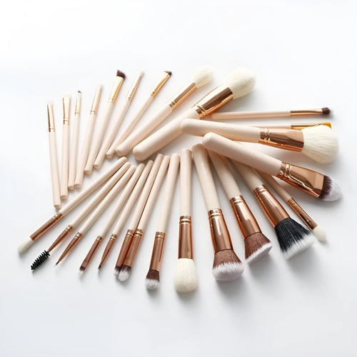 26 pink makeup brushes with wool bristles and wooden handles in a PU storage bag.