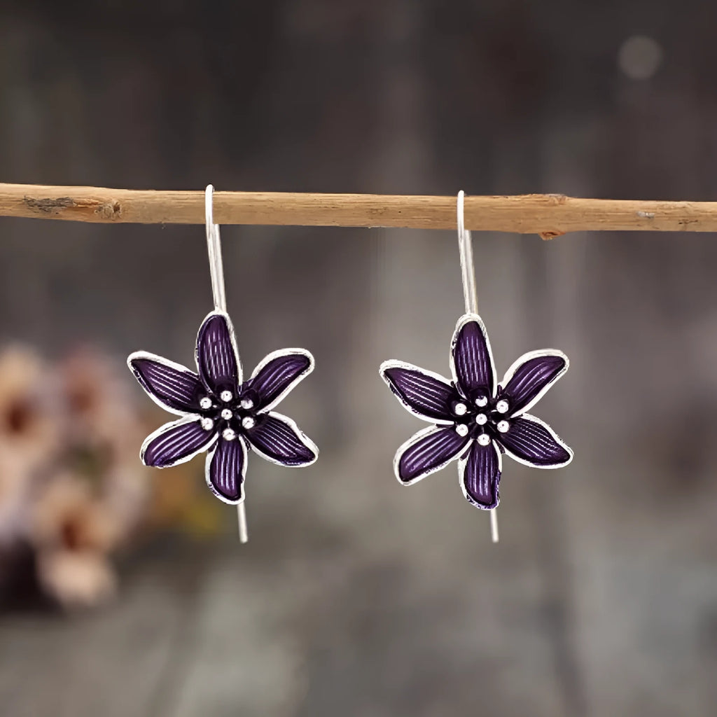 Purple flower-shaped alloy earrings with electroplated finish, retro floral design jewellery for women