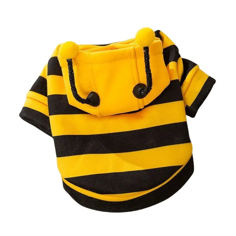 Yellow and black striped bee antenna hoodie for small dogs with flexible antennae and back belt hook