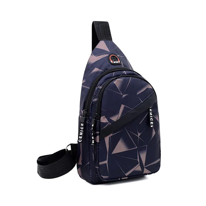 Blue print sling chest crossbody bag for men with an earphone hole and zipper opening.