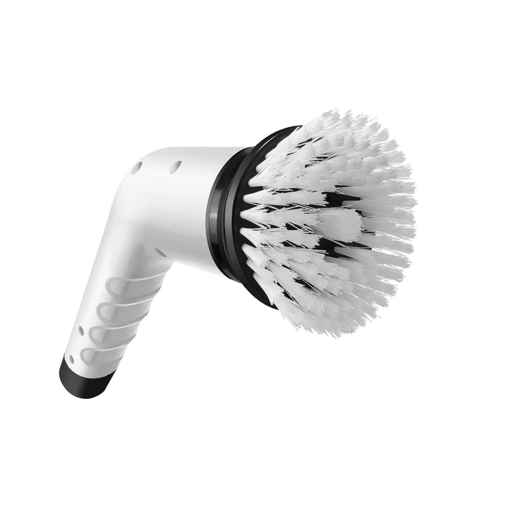 White handheld cleaning brush with lithium battery and multiple cleaning accessories