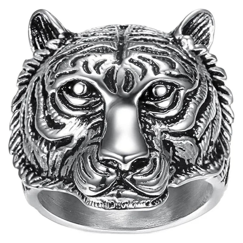 Retro tiger head stainless steel ring for women, steel colour, size No 10, fashion commuter style