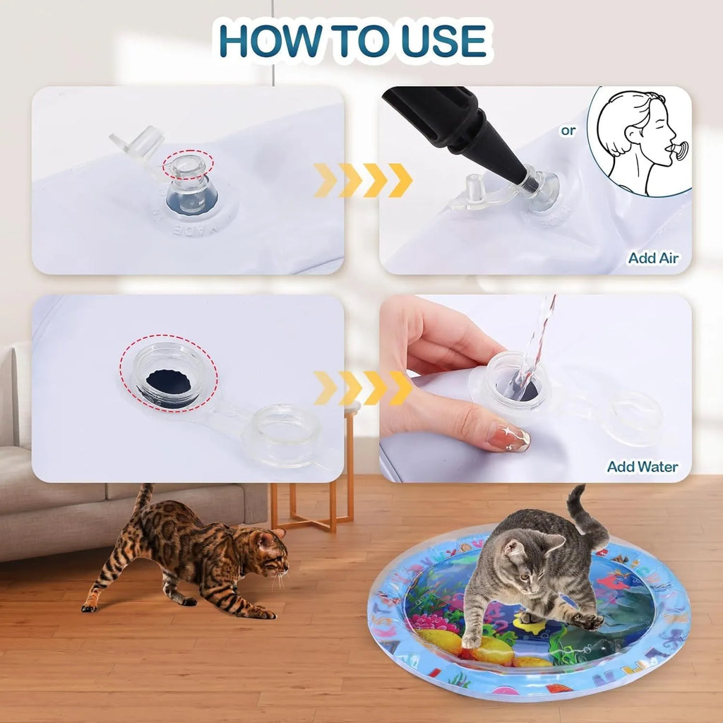 100cm square water sensory playmat for cats with ocean fish design and floating toys inside