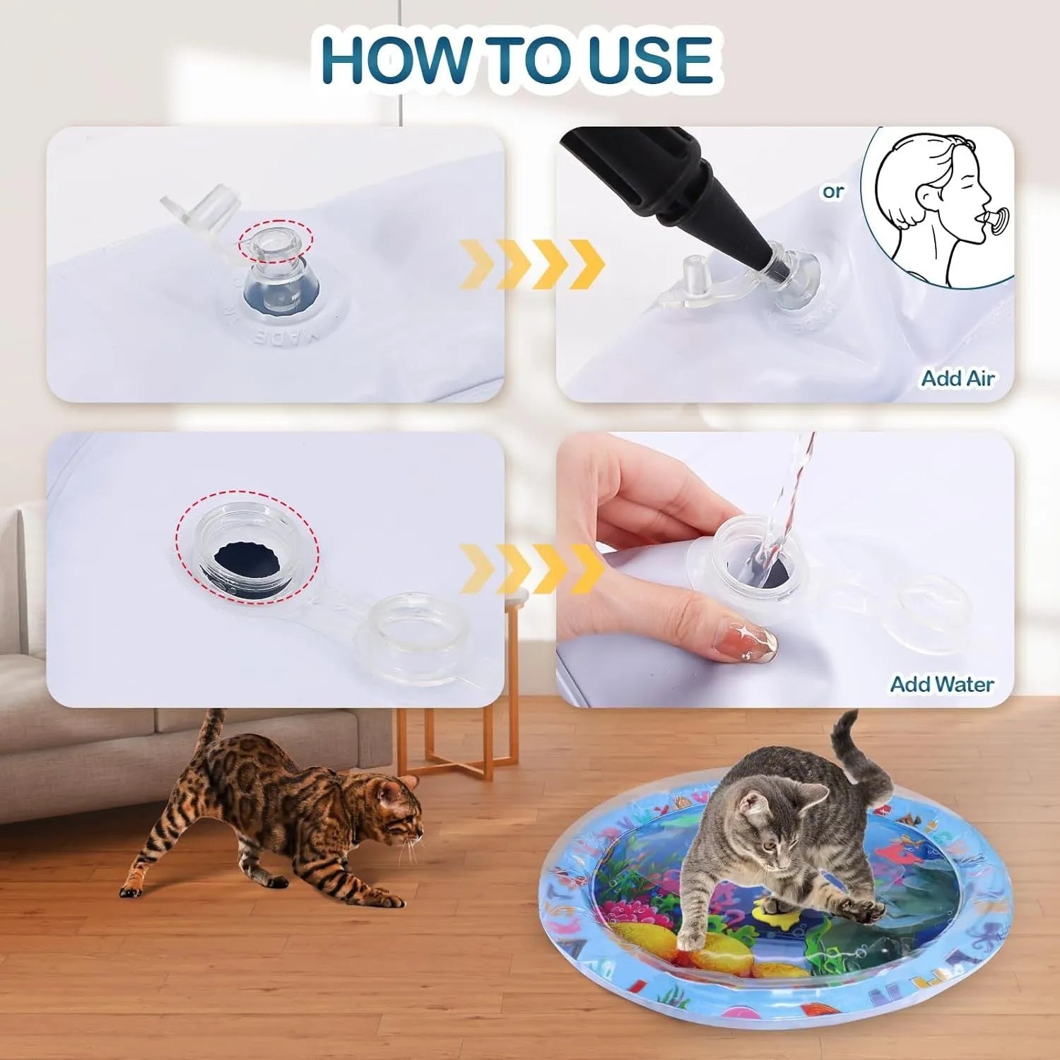 100cm square water sensory playmat for cats with ocean fish design and floating toys inside