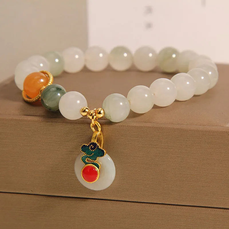 Translucent green ice jade bracelet with Xiangyun peace buckle and pearl decorative elements