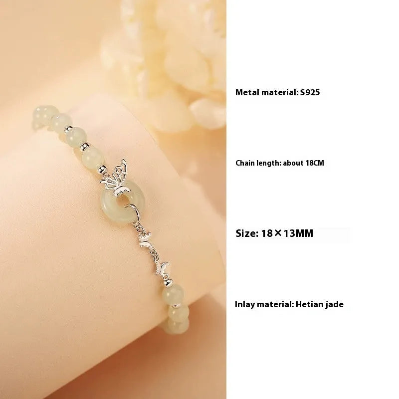 925 silver butterfly necklace with inlaid jade peace buckle on a chain, with matching bracelet