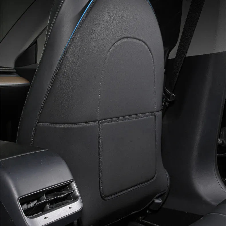 Black leather rear anti-kick pad for car seats measuring 68cm by 42cm