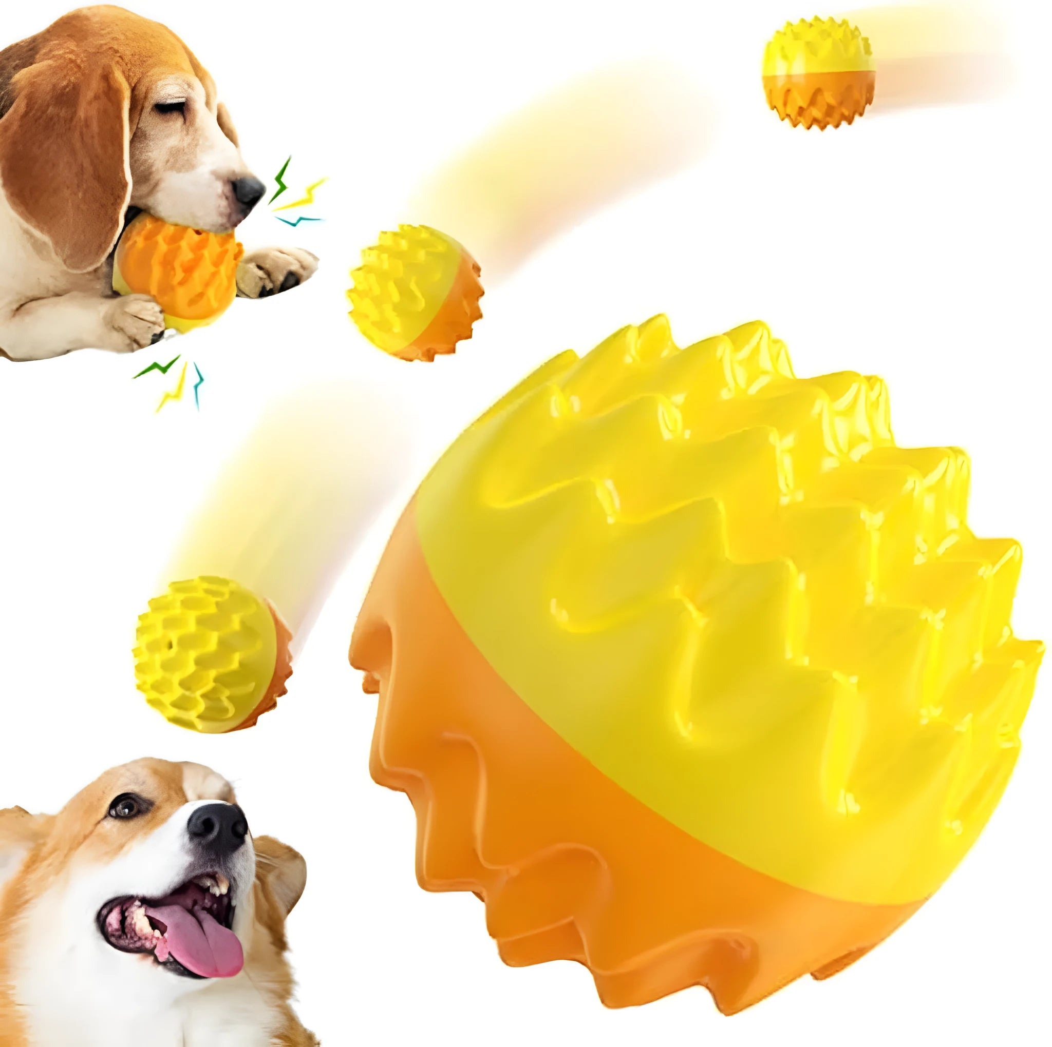 Blue and orange spiky rubber dog ball toy with squeaker for aggressive chewers