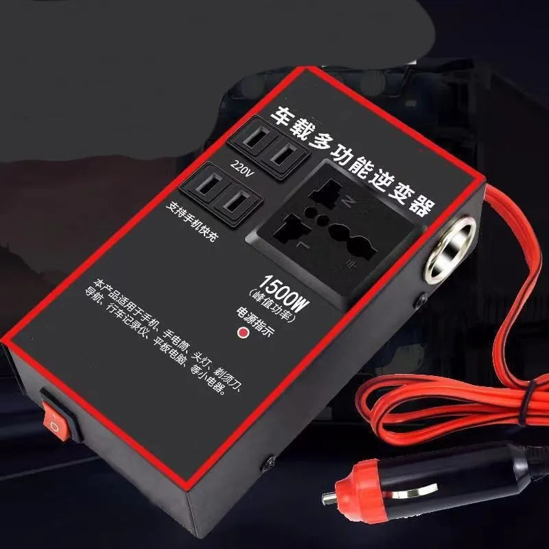 Black automotive power converter transforming 12V 24V car power to 220V with socket and USB charging ports