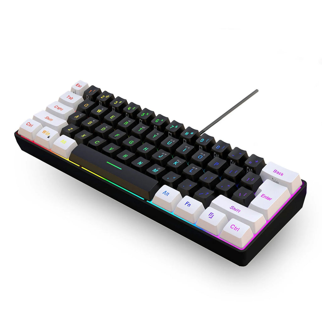 White and black wired 61-key membrane keyboard with USB cable on desk
