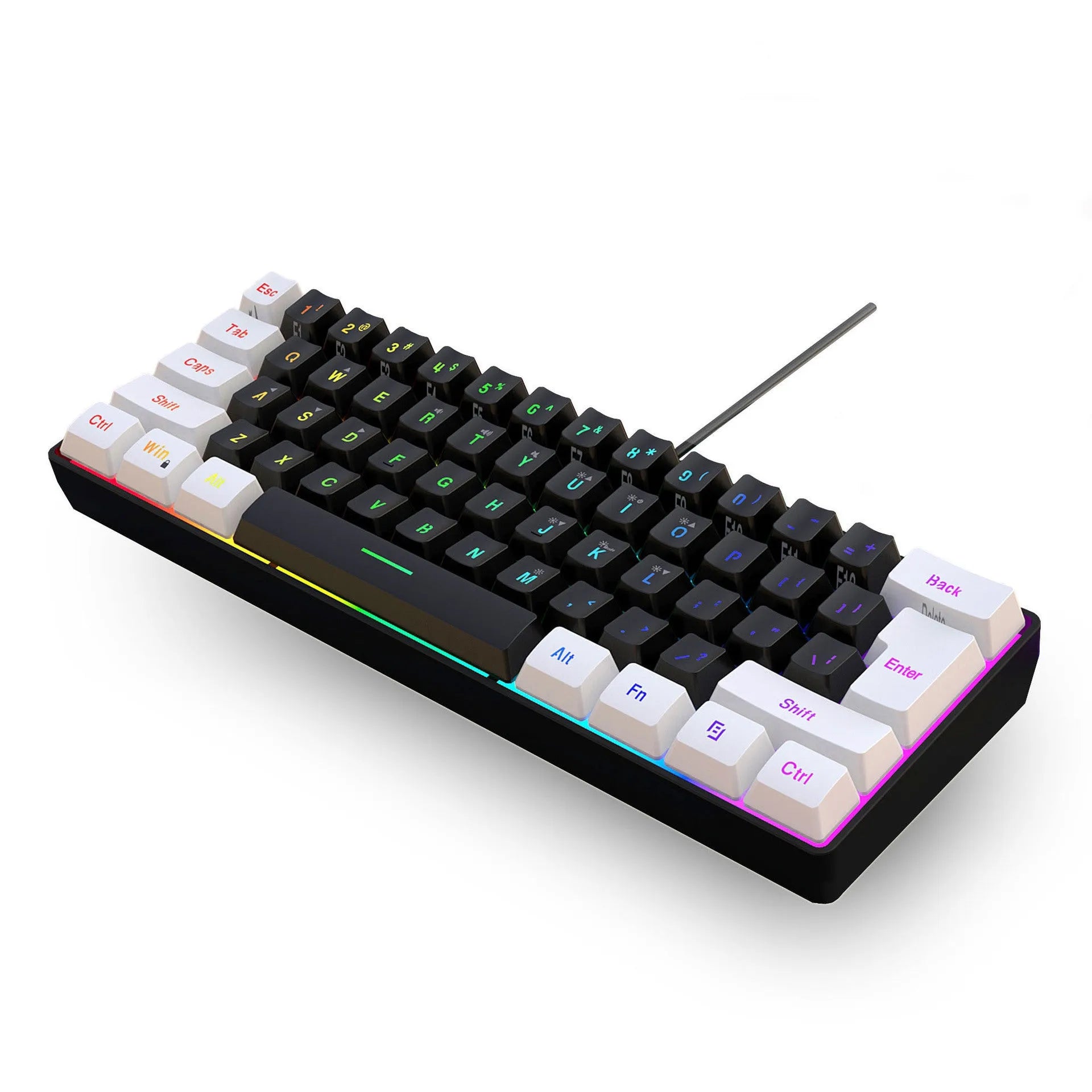 White and black wired 61-key membrane keyboard with USB cable on desk