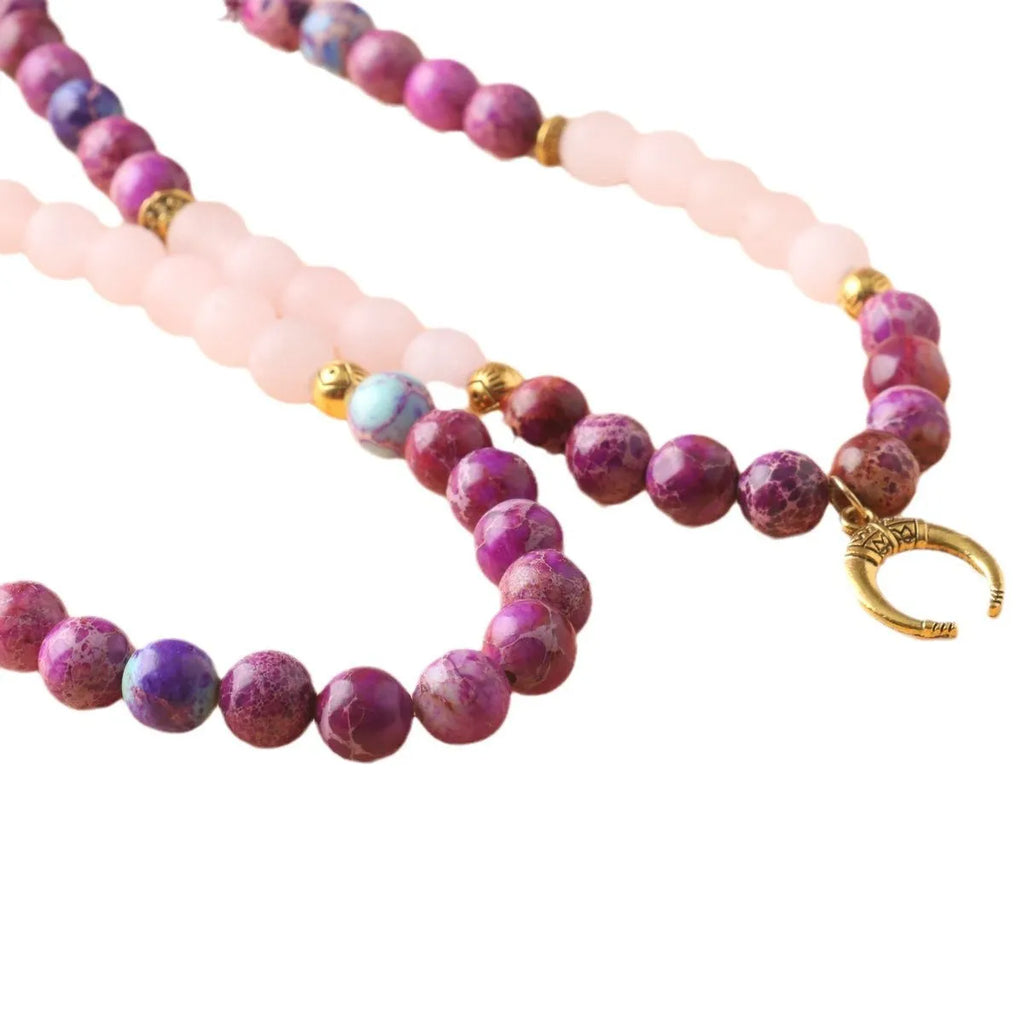 Women's personalised pink crystal emperor stone bead necklace with round pendant for casual wear