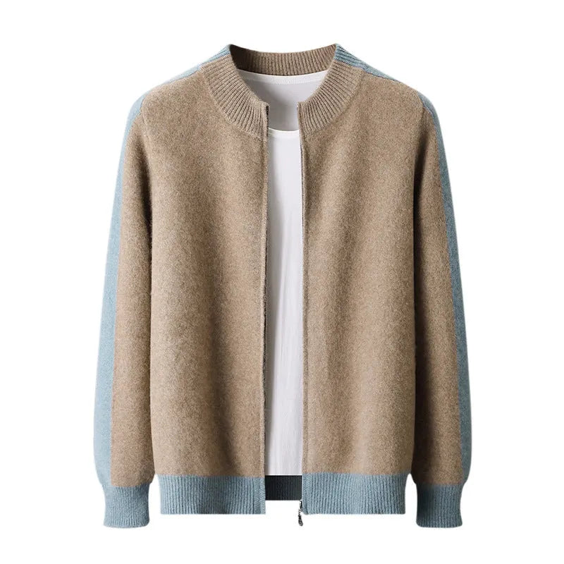 Men's half turtleneck zipper cardigan in thick wool yarn showing front zipper closure and loose fit styling