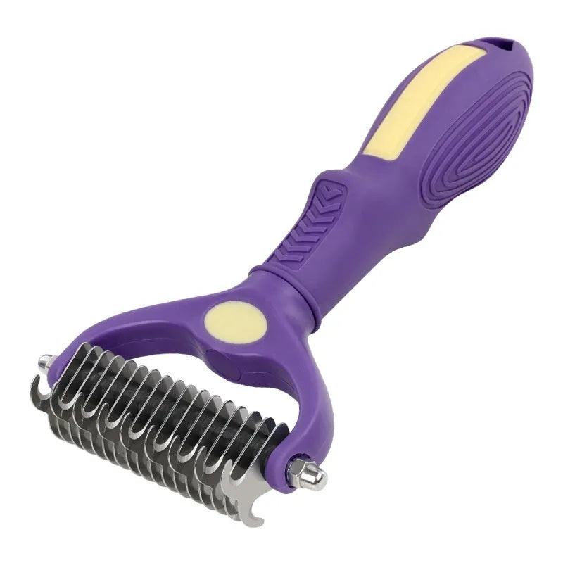 Purple double-sided pet grooming comb for detangling knots and brushing dog and cat fur