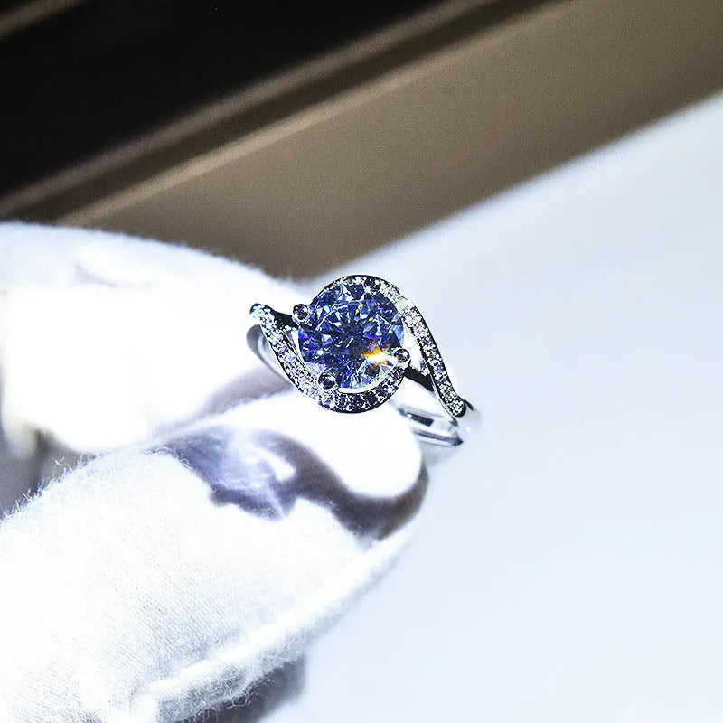 Silver colour geometric women's ring with synthetic moissanite angel eyes pattern and adjustable open mouth design