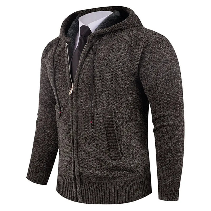 Men's hooded fleece lined sweater with pineapple pin in beige, shown front view on model, available in sizes M to 4XL
