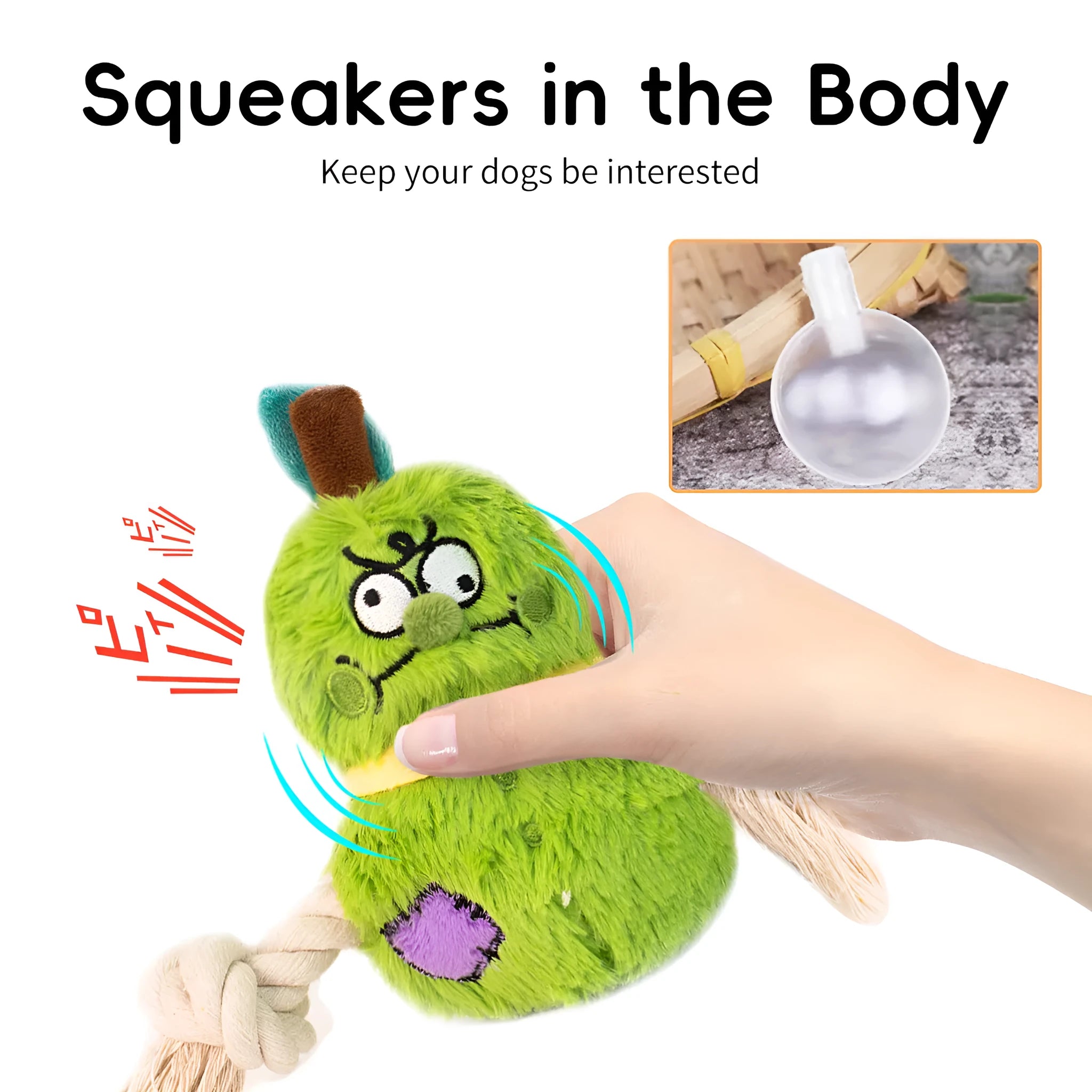 Green and purple interactive plush rope dog toy with knot design and squeaker for tug-of-war games.