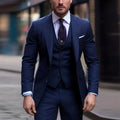 Men's three-piece slim fit suit in polyester fibre blend fabric with coat, vest and trousers