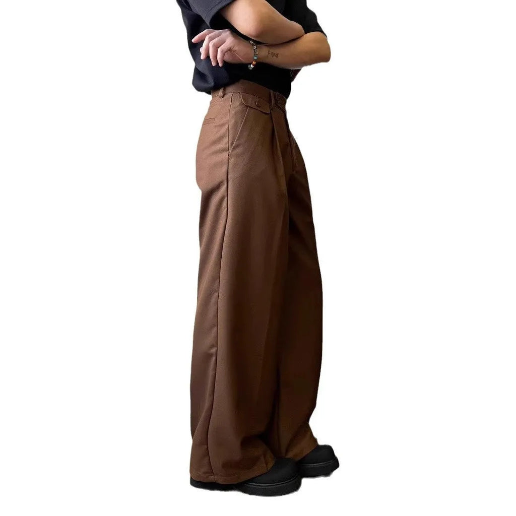 Men's straight-leg loose wide-leg casual suit trousers in black or brown colour.