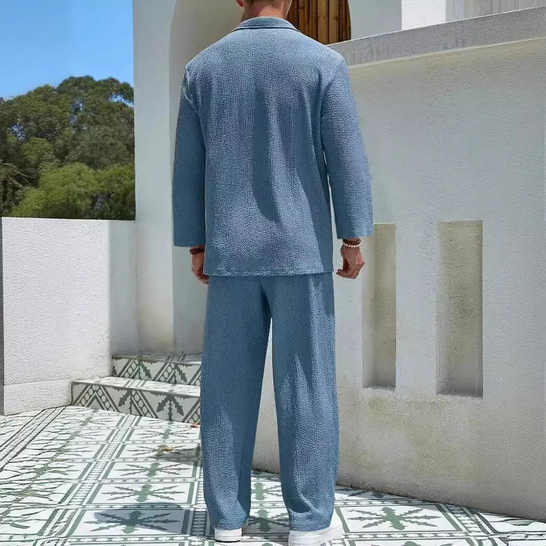 Men's casual shirt trousers commuter suit set in polyester fabric with four colour options