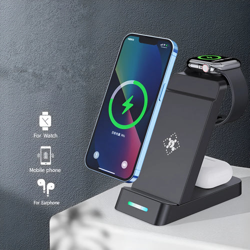 Black 3 in 1 wireless charging station with phone stand holding smartphone, smartwatch and earbuds