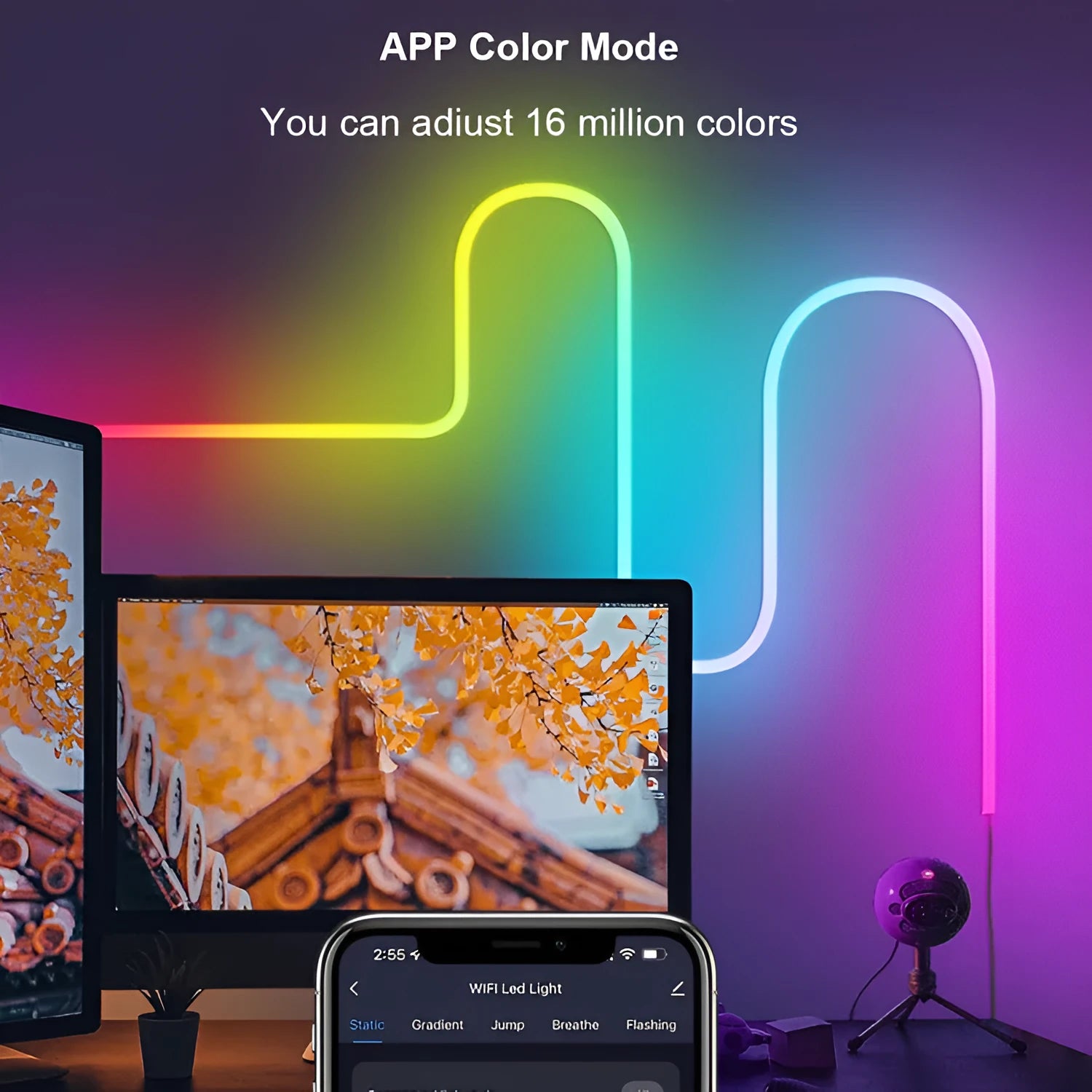 3 metre USB LED neon strip lights with remote control showing RGB colour changing functionality