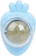Blue carrot-shaped catnip ball with adhesive sticker for wall mounting as feline dental toy