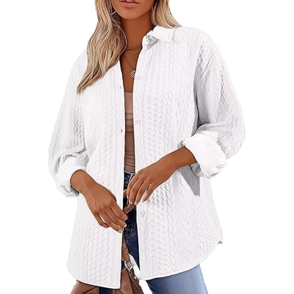 Women's solid colour long-sleeved knitted cardigan sweater on a hanger.
